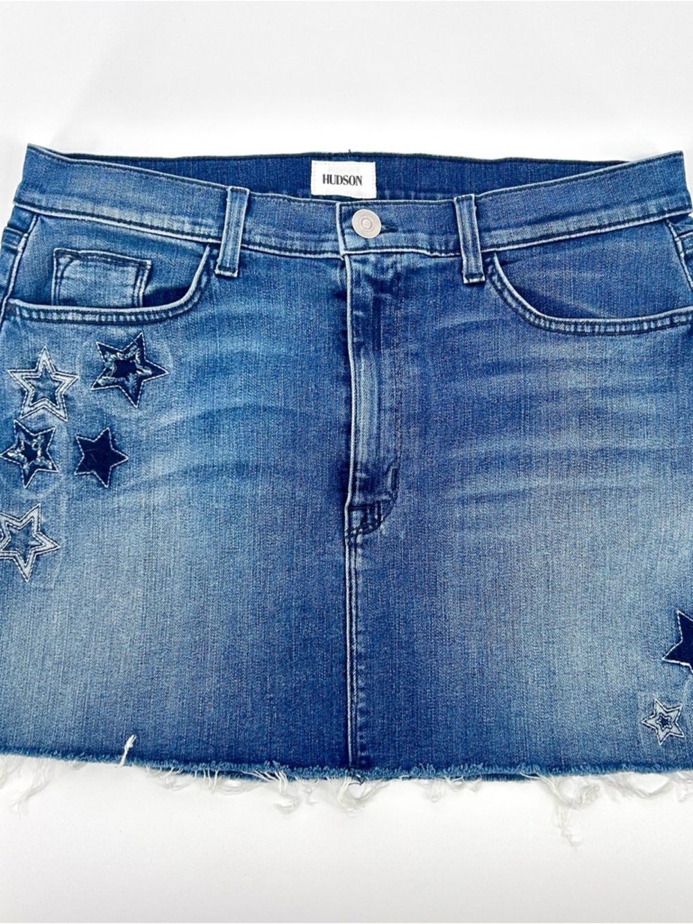 Hudson Denim Mini Skirt Star Patch Y2K Low Rise Blue Jean Skirt Size 30